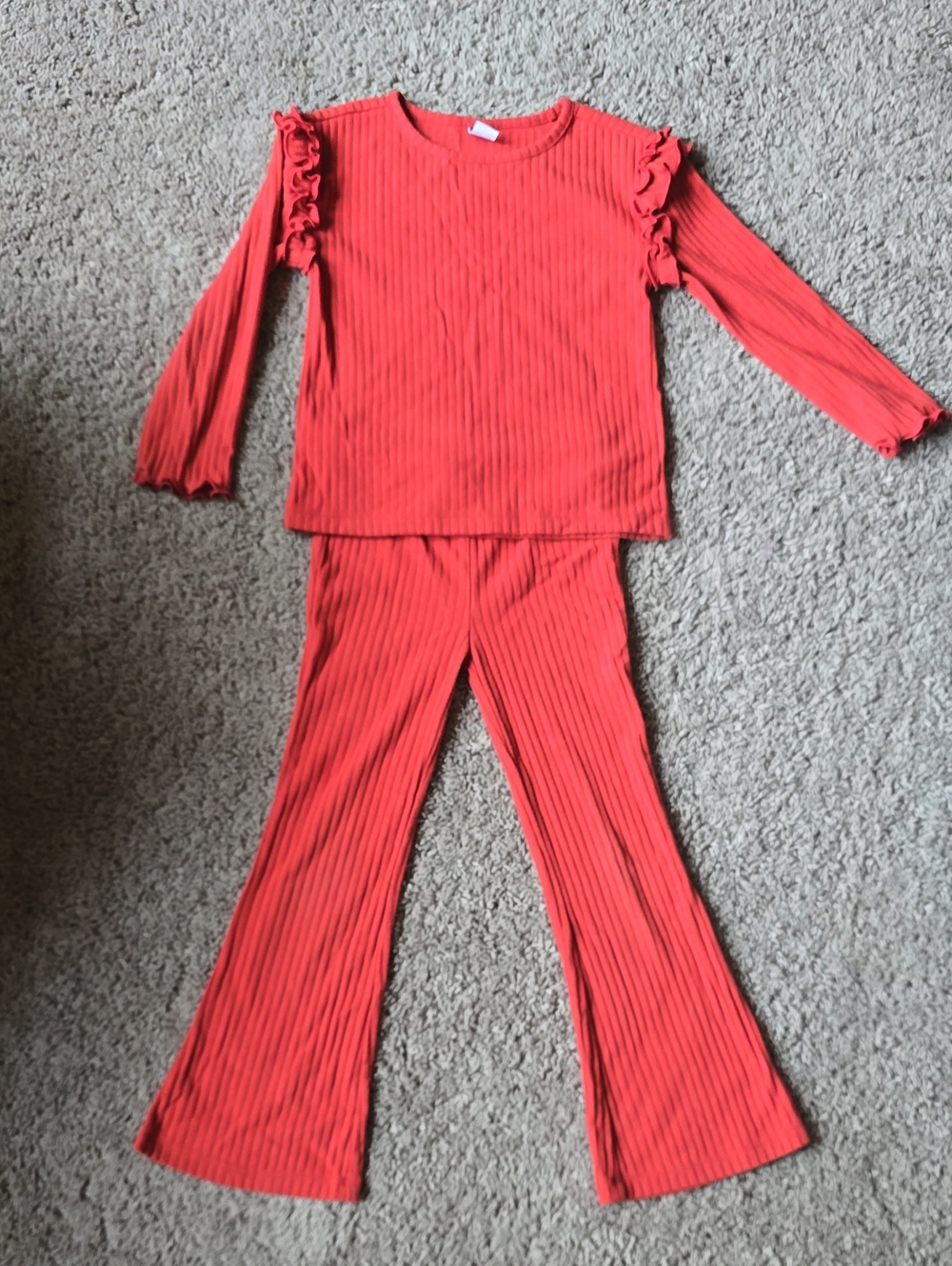 Girls' Ribbed Ruffle Long-Sleeve Shirt With Flare Pants Set - Coral